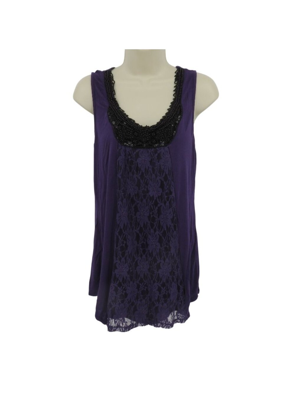 Studio Y Juniors Medium Purple Black Beaded Sequin Lace Scoop Neck Tank Top Y2K